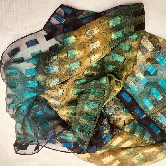 Vintage Modernist Geometric Scarf — Blue, Green & Gold Pattern - Picture 4 of 16